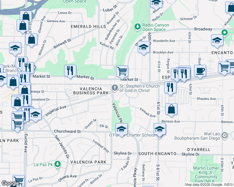 map of restaurants, bars, coffee shops, grocery stores, and more near 5889 Imperial Avenue in San Diego