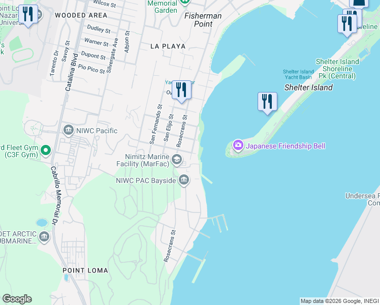 map of restaurants, bars, coffee shops, grocery stores, and more near 365 Rosecrans Street in San Diego