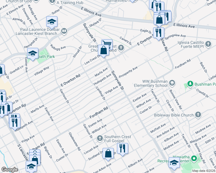 map of restaurants, bars, coffee shops, grocery stores, and more near 2632 Hudspeth Avenue in Dallas