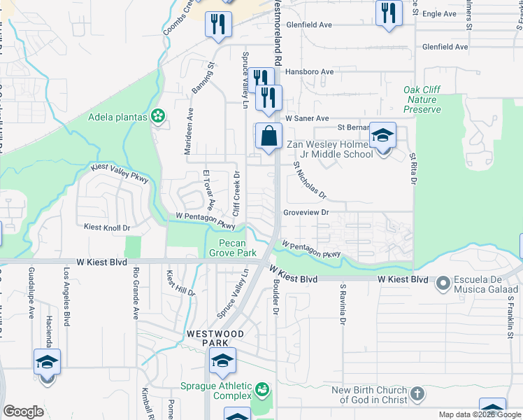 map of restaurants, bars, coffee shops, grocery stores, and more near 3065 South Westmoreland Road in Dallas