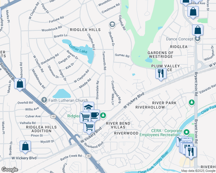 map of restaurants, bars, coffee shops, grocery stores, and more near 4301 Tamworth Road in Fort Worth