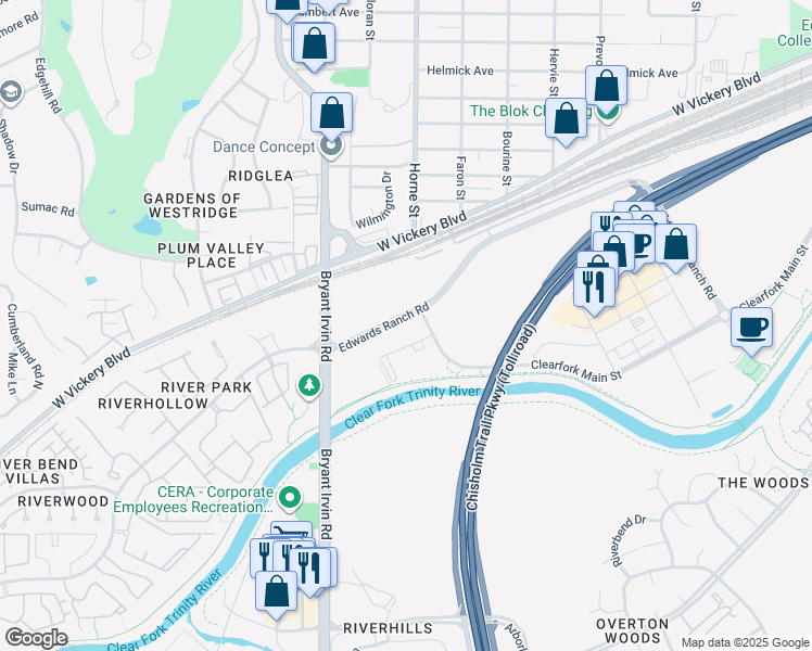 map of restaurants, bars, coffee shops, grocery stores, and more near 5701 Edwards Ranch Road in Fort Worth
