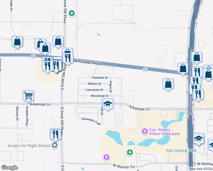 map of restaurants, bars, coffee shops, grocery stores, and more near 2322 Wilmer Drive in Grand Prairie