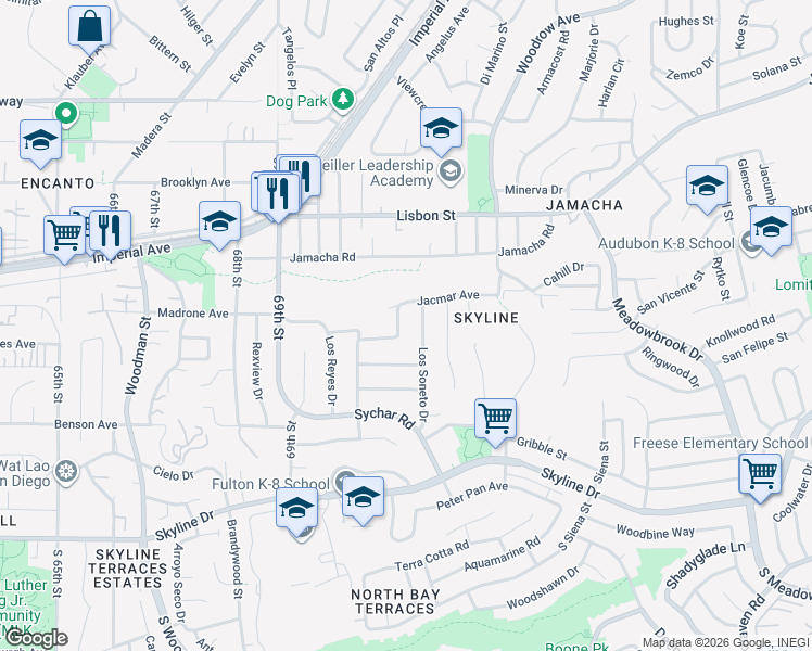 map of restaurants, bars, coffee shops, grocery stores, and more near 361 Kaymar Drive in San Diego