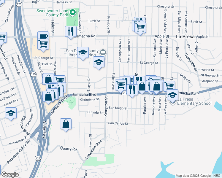 map of restaurants, bars, coffee shops, grocery stores, and more near 639 Kempton Street in Spring Valley