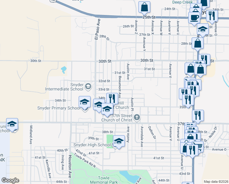 map of restaurants, bars, coffee shops, grocery stores, and more near 2807 33rd Street in Snyder
