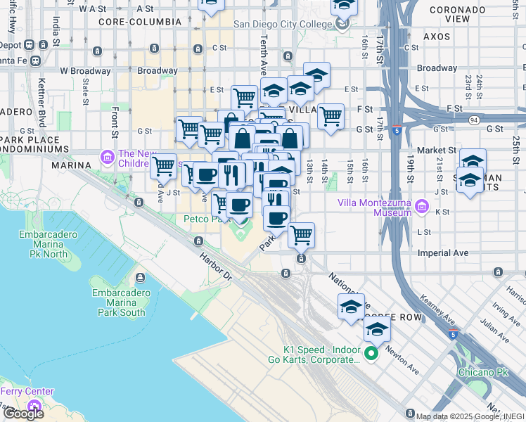 map of restaurants, bars, coffee shops, grocery stores, and more near 280 10th Avenue in San Diego