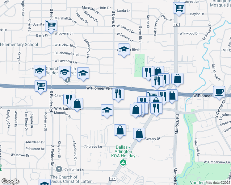map of restaurants, bars, coffee shops, grocery stores, and more near 1192 West Pioneer Parkway in Arlington