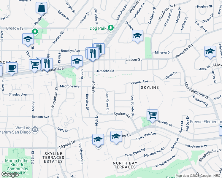 map of restaurants, bars, coffee shops, grocery stores, and more near 7028 Madrone Avenue in San Diego