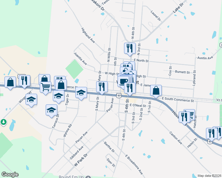map of restaurants, bars, coffee shops, grocery stores, and more near 340 W North Commerce St in Wills Point