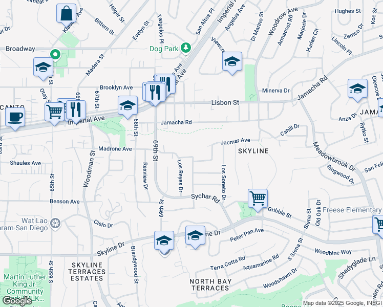 map of restaurants, bars, coffee shops, grocery stores, and more near 7028 Madrone Avenue in San Diego