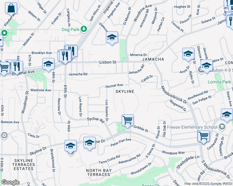 map of restaurants, bars, coffee shops, grocery stores, and more near 351 Winewood Street in San Diego