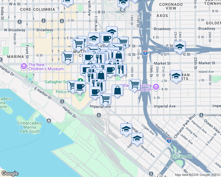 map of restaurants, bars, coffee shops, grocery stores, and more near 1310 K Street in San Diego
