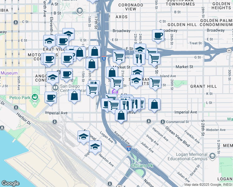 map of restaurants, bars, coffee shops, grocery stores, and more near 331 20th Street in San Diego