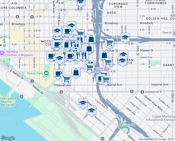 map of restaurants, bars, coffee shops, grocery stores, and more near 335 15th Street in San Diego