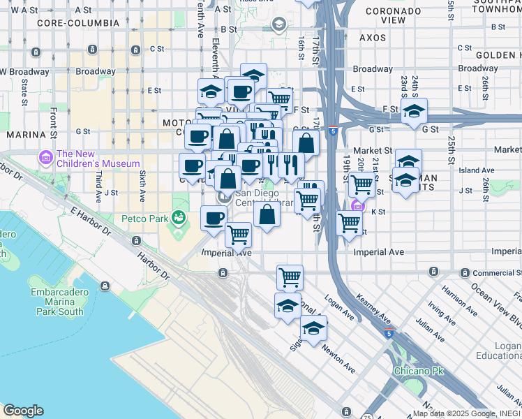 map of restaurants, bars, coffee shops, grocery stores, and more near 1431 J Street in San Diego