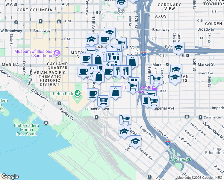 map of restaurants, bars, coffee shops, grocery stores, and more near 1431-33 J Street in San Diego