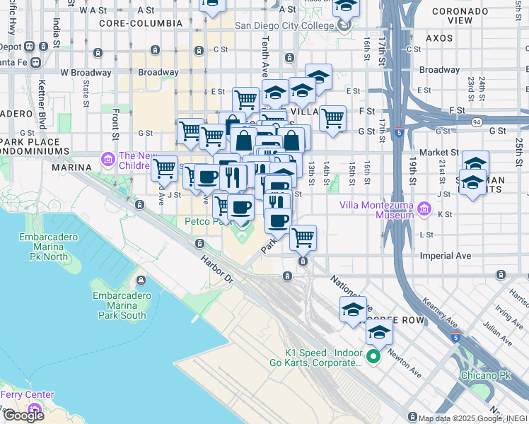 map of restaurants, bars, coffee shops, grocery stores, and more near 350 Tenth Avenue in San Diego