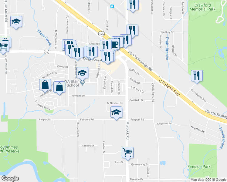 map of restaurants, bars, coffee shops, grocery stores, and more near 403 Tiawah Drive in Dallas