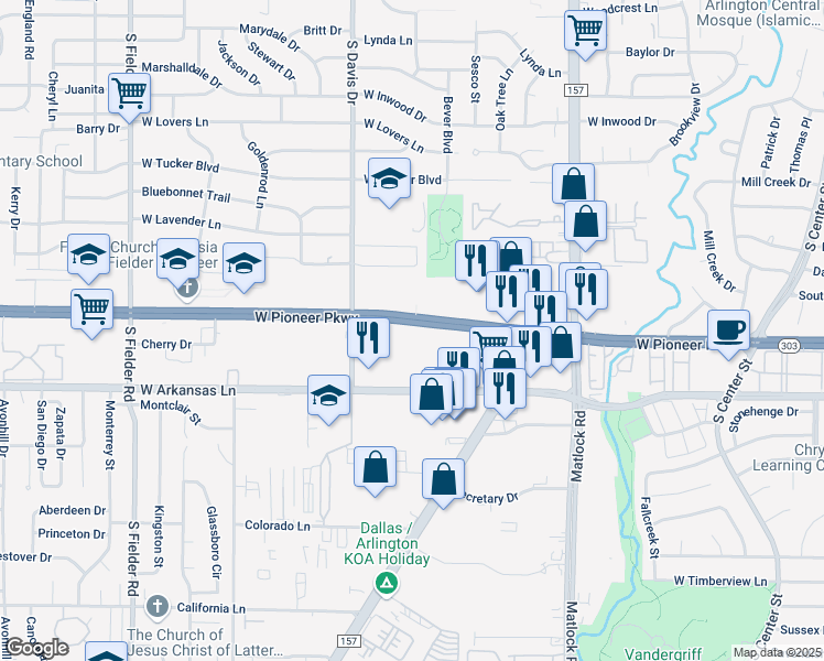 map of restaurants, bars, coffee shops, grocery stores, and more near 1027 West Pioneer Parkway in Arlington