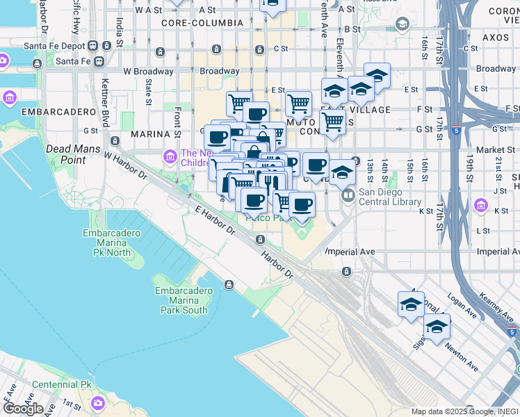 map of restaurants, bars, coffee shops, grocery stores, and more near 355 Sixth Avenue in San Diego