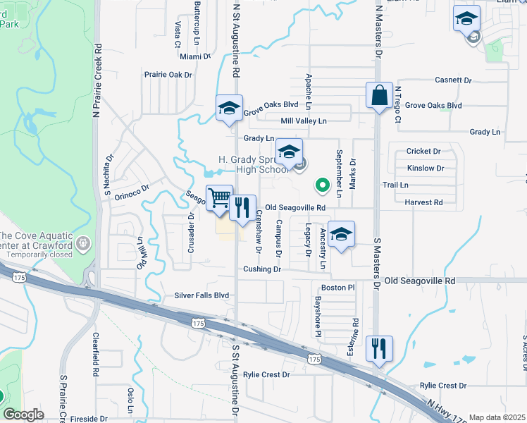 map of restaurants, bars, coffee shops, grocery stores, and more near 9706 Old Seagoville Road in Dallas