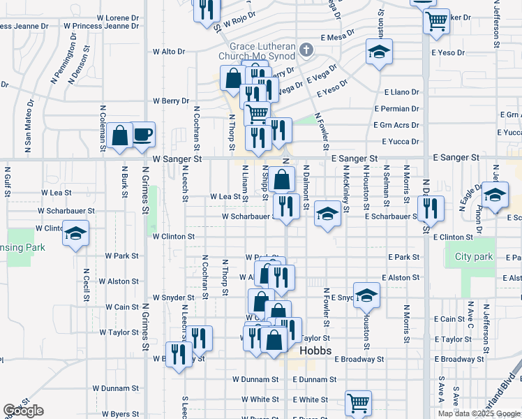 map of restaurants, bars, coffee shops, grocery stores, and more near 215 West Lea Street in Hobbs