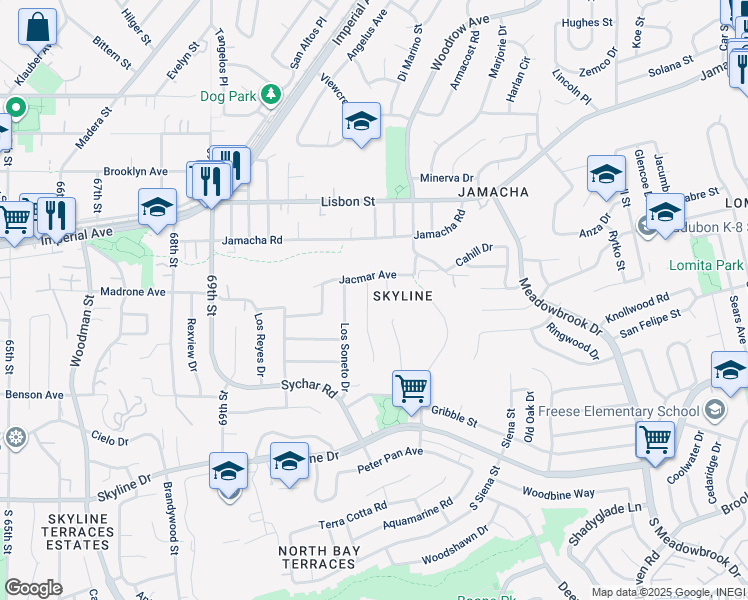 map of restaurants, bars, coffee shops, grocery stores, and more near 351 Winewood Street in San Diego