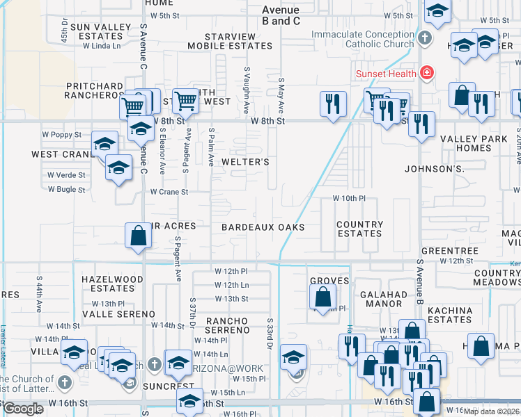 map of restaurants, bars, coffee shops, grocery stores, and more near 1000-1066 S Tamarack Ave in Yuma