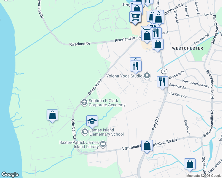 map of restaurants, bars, coffee shops, grocery stores, and more near 1877 Fortune Lane in Charleston