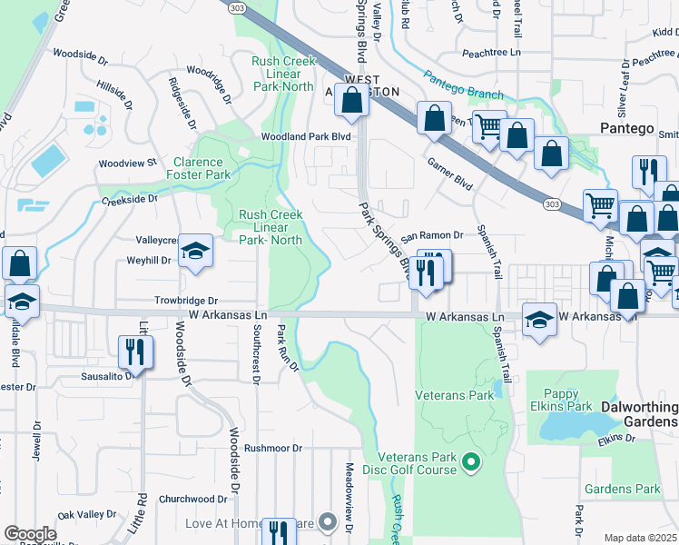map of restaurants, bars, coffee shops, grocery stores, and more near 4101 West Arkansas Lane in Arlington