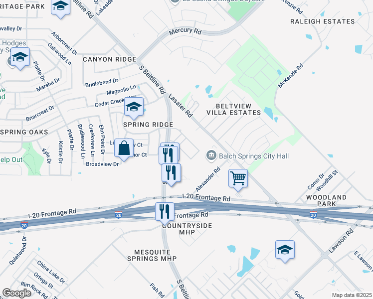 map of restaurants, bars, coffee shops, grocery stores, and more near 3853 South Belt Line Road in Balch Springs