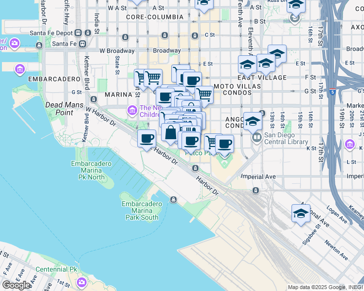 map of restaurants, bars, coffee shops, grocery stores, and more near 315 4th Avenue in San Diego