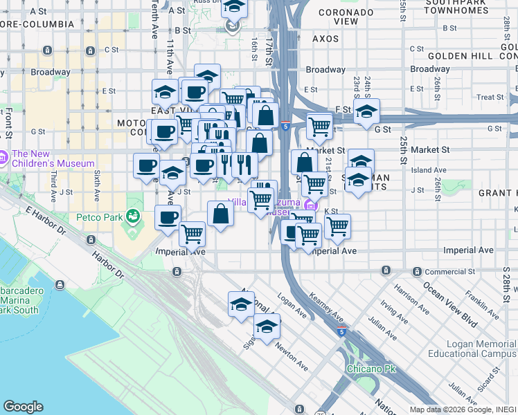 map of restaurants, bars, coffee shops, grocery stores, and more near 349 17th Street in San Diego