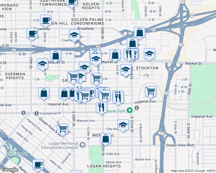 map of restaurants, bars, coffee shops, grocery stores, and more near 3048 K Street in San Diego