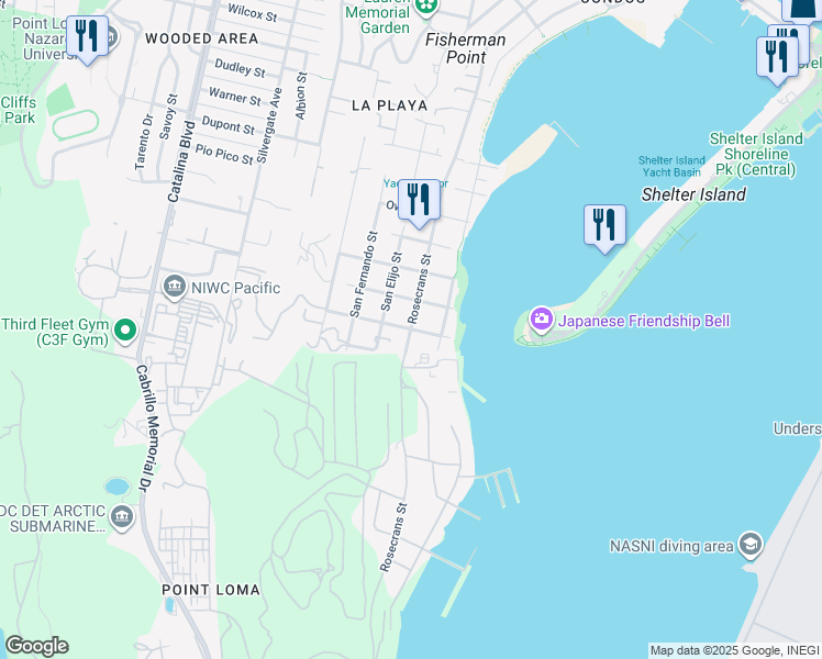 map of restaurants, bars, coffee shops, grocery stores, and more near Rosecrans Street & Kellogg Street in San Diego