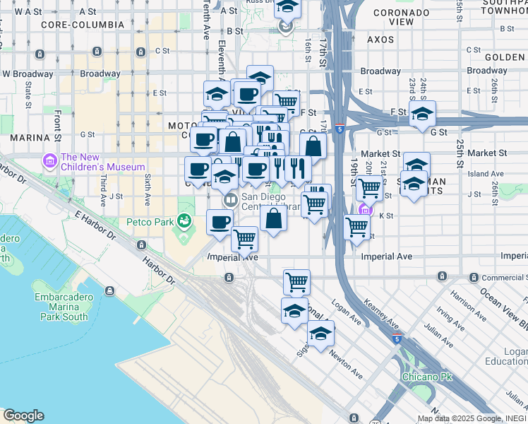 map of restaurants, bars, coffee shops, grocery stores, and more near 1431-33 J Street in San Diego