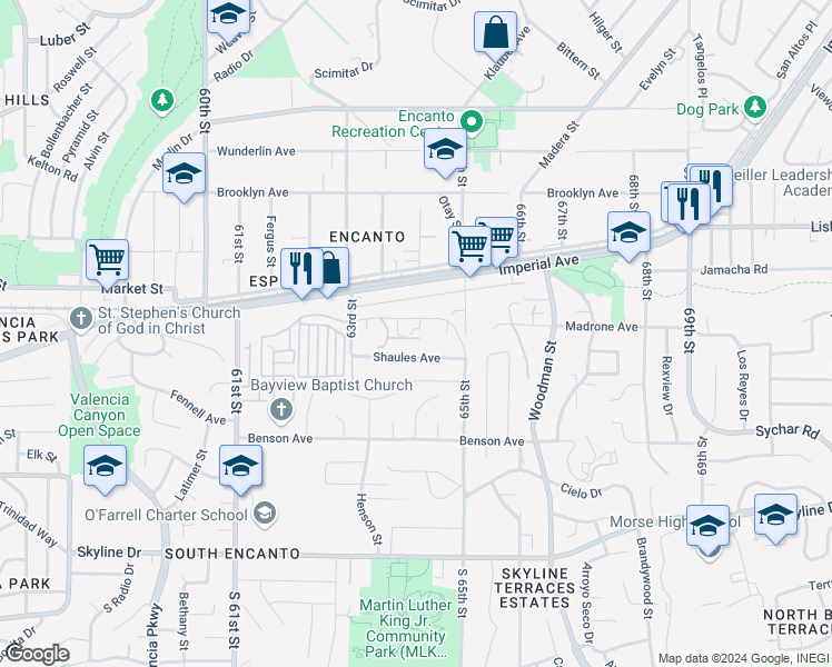 map of restaurants, bars, coffee shops, grocery stores, and more near 6395 Madrone Avenue in San Diego