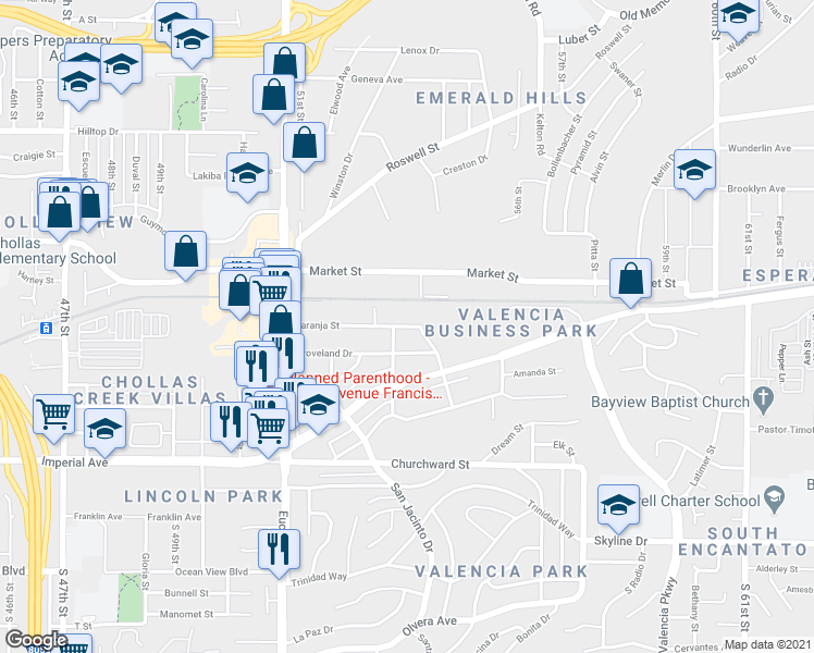 map of restaurants, bars, coffee shops, grocery stores, and more near 5595 Stevens Way in San Diego