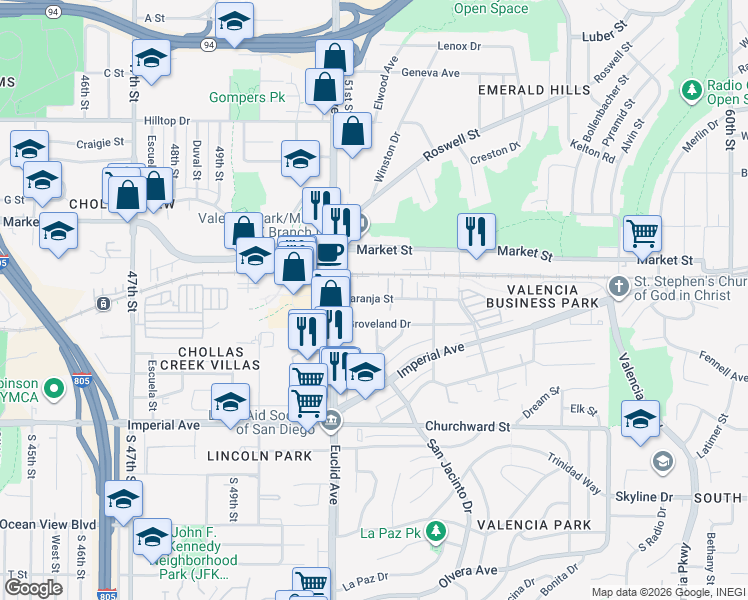 map of restaurants, bars, coffee shops, grocery stores, and more near 5150 Naranja Street in San Diego