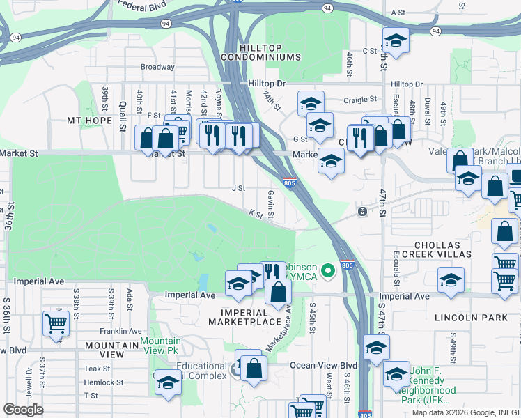 map of restaurants, bars, coffee shops, grocery stores, and more near 355 Gavin Street in San Diego