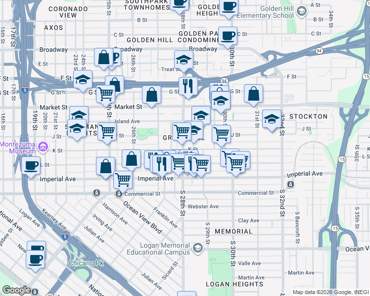 map of restaurants, bars, coffee shops, grocery stores, and more near in San Diego