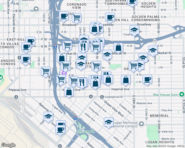 map of restaurants, bars, coffee shops, grocery stores, and more near 2465 J Street in San Diego