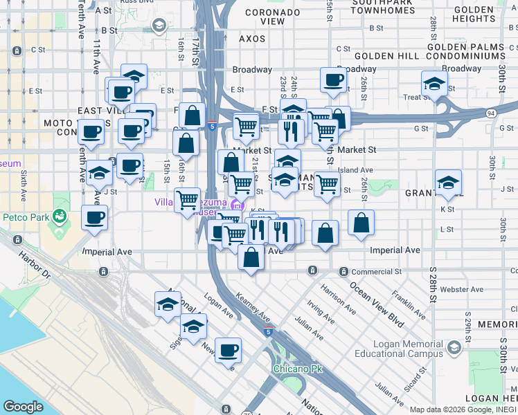 map of restaurants, bars, coffee shops, grocery stores, and more near 334 22nd Street in San Diego