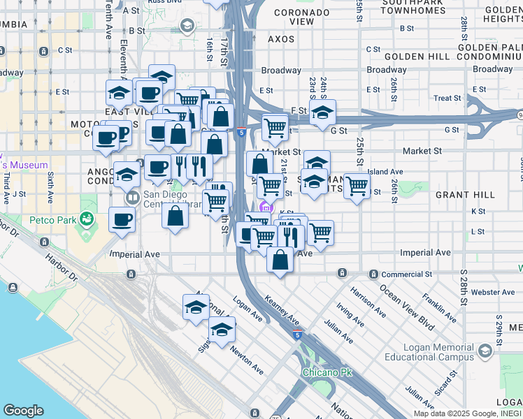 map of restaurants, bars, coffee shops, grocery stores, and more near 344 19th Street in San Diego