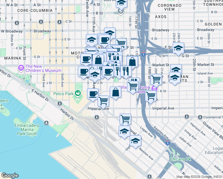 map of restaurants, bars, coffee shops, grocery stores, and more near 1431-33 J Street in San Diego