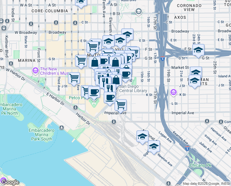 map of restaurants, bars, coffee shops, grocery stores, and more near 330 Park Boulevard in San Diego