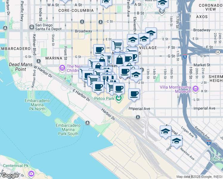 map of restaurants, bars, coffee shops, grocery stores, and more near 787 J Street in San Diego