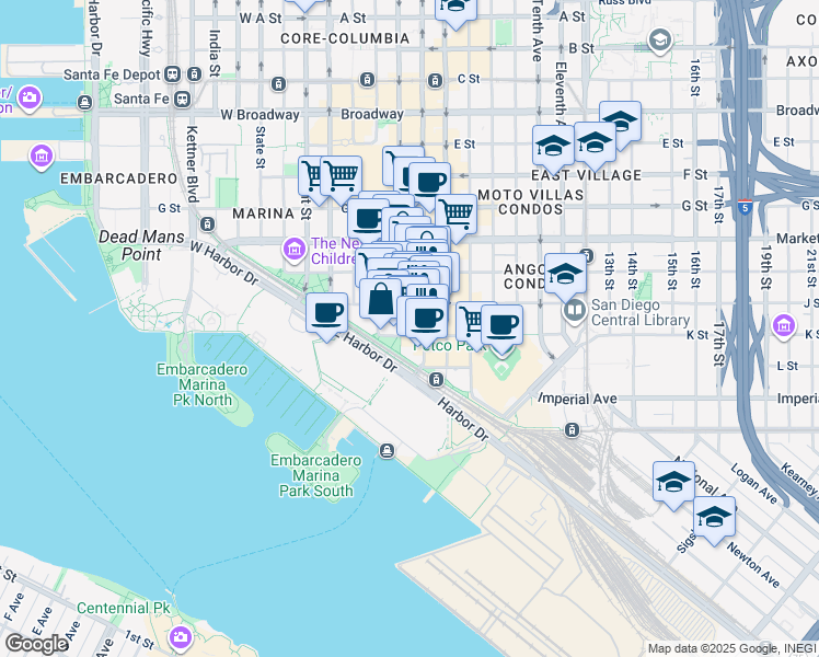 map of restaurants, bars, coffee shops, grocery stores, and more near 350 Fifth Avenue in San Diego