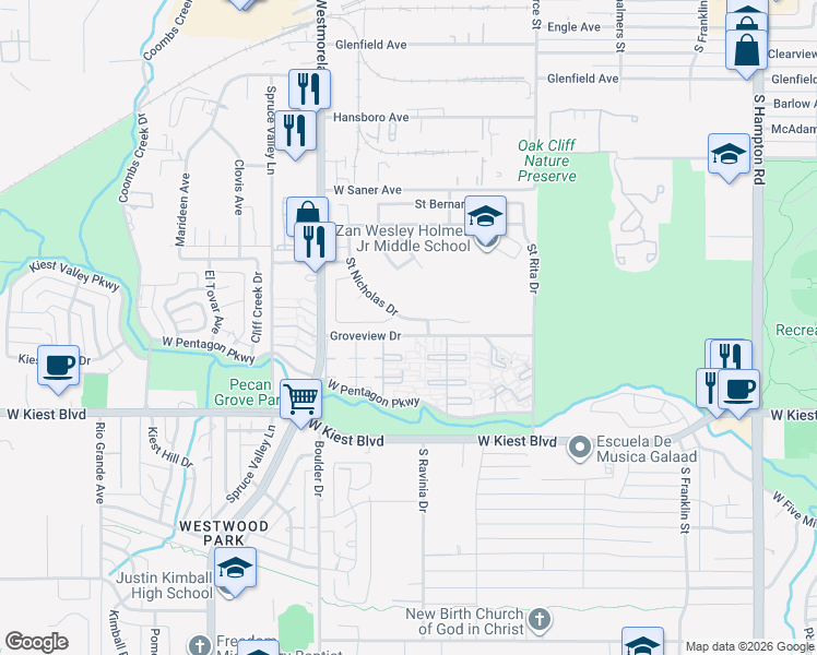 map of restaurants, bars, coffee shops, grocery stores, and more near 3027 Saint Nicholas Drive in Dallas